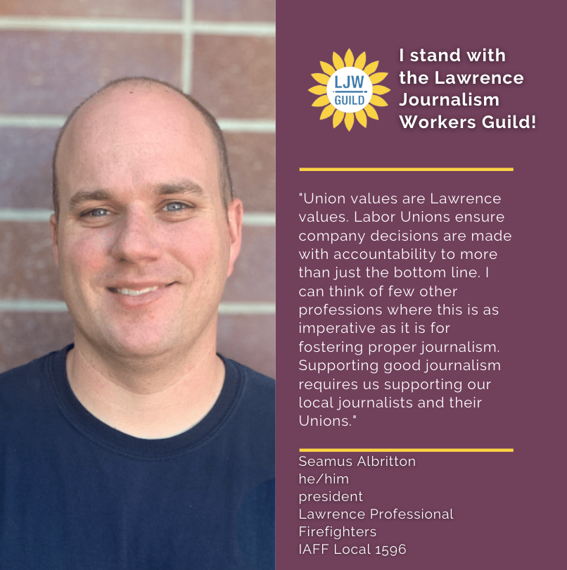 ljw_guild's tweet photo. As the LJW Guild continues to work on its first contract for the hardworking reporters &amp; copy editors at the Lawrence Journal-World, we'll be taking the next few days to put out statements from community members who recognize the important role unions play in the workplace. https://t.co/e4xZ6E3fOa