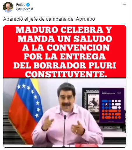 La imagen que circula en redes sociales con Nicolás Maduro supuestamente apoyando la propuesta constitucional chilena, es Falsa. 
El video está editado y como se puede ver a continuación corresponde a 2020, cuando la CC no se había constituido.
youtube.com/watch?v=dQqL_8…