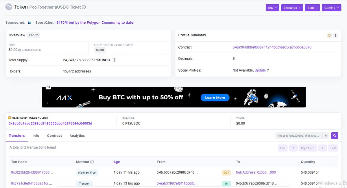 cryptoleo15's tweet photo. @PoolTogether_   my funds seems lost. looks like funds is transferred PoolTogether aUSDC Ticket token. is it normal? https://t.co/uAVjwFHvVR