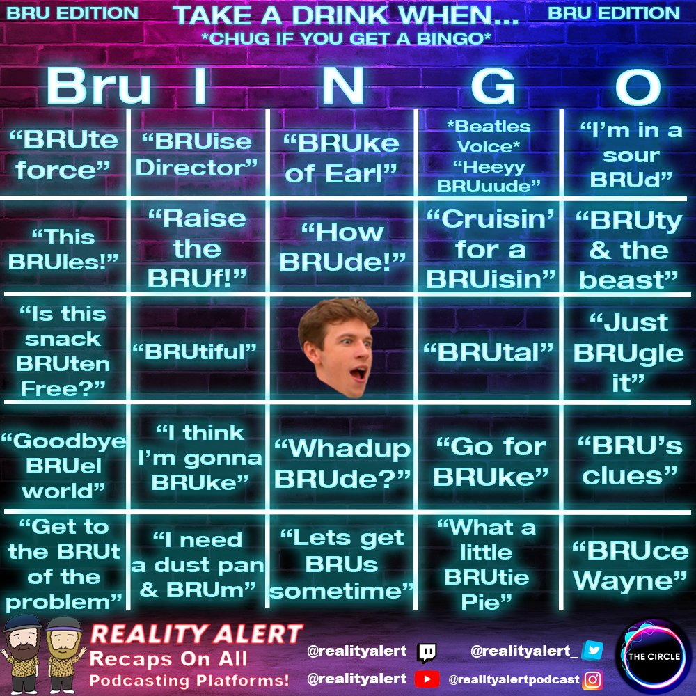 realityalert_'s tweet photo. Along with our weekly Drinking Bingo Game for @CircleNetflix, we couldn't resist doing a special BRUingo drinking game for this week! Drink every time @BruOnTheRadio says a Bru pun! Enjoy!
#TheCircle #TheCircleNetflix #Circle #CircleNetflix #CircleUS #Netflix #NetflixReality https://t.co/3IZbZqMvyM