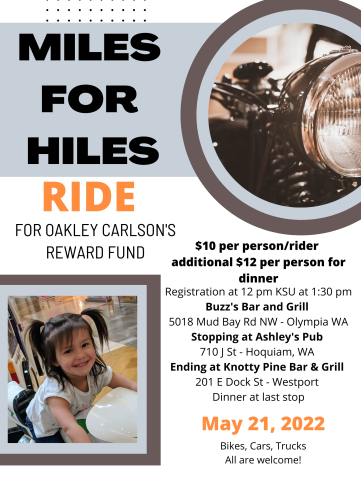 LightTheWay22's tweet photo. Only 4 more days until #MilesforHiles!
SAT, MAY 21, 12PM PST
Come ride to help raise money for #OakleyCarlson’s #reward fund at #MilesForHiles. The reward fund was started by Oakley’s loving (foster) parents Erik & Jamie Jo Hiles in hopes that information will be brought... https://t.co/uE9FKTR93L