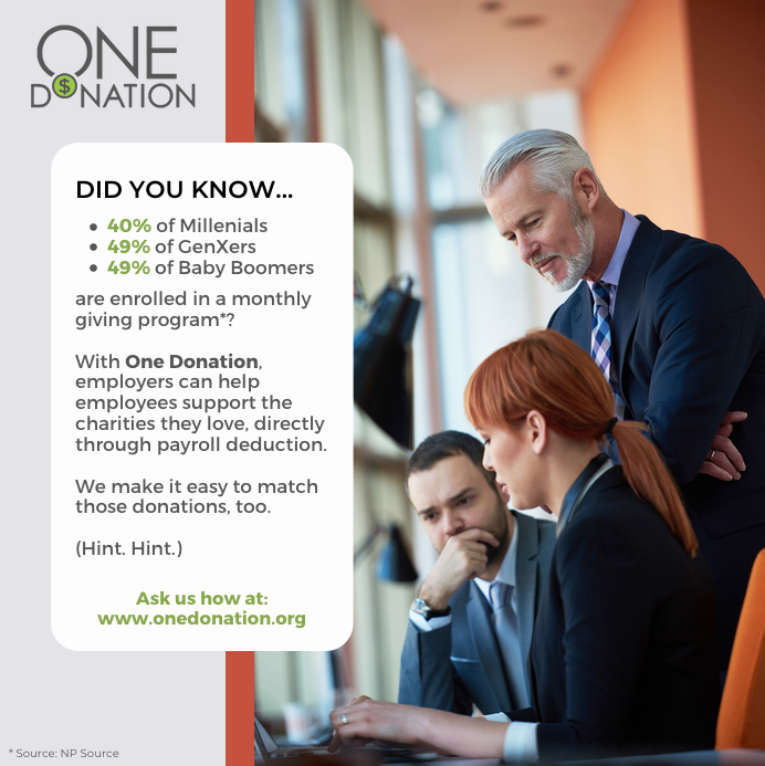 One_Donation's tweet image. Four out of ten employees at any major company regularly give to a charity of their choice.  We can seamlessly streamline that process into your payroll. Go to  bit.ly/3wy5SpF #employeeengagement #payrollapi #hrtech #corporatesocialresponsibility #charitablegivingMessage