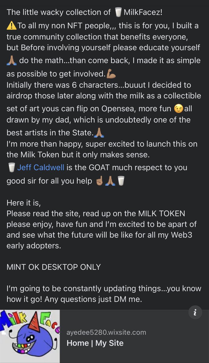 ayedee5280's tweet photo. I dropped my collection!! Check it out. The community will hold a combined 70% of any revenue..do the math than come back to me! https://t.co/hnxIUiHvYY
#nft #crypto #milkface #community #project #comments #milk https://t.co/CeFHMFolbM