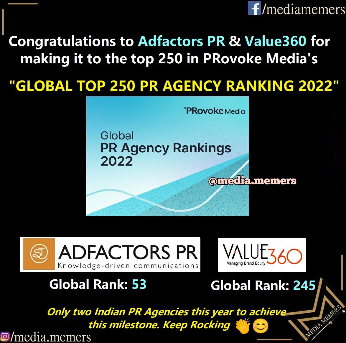 MediaMemers's tweet photo. Congratulations to the entire team of @AdfactorsPR and @value_360 for this achievement @Provoke_News 👏👏😊
..

#adfactorspr #value360 #provokemedia #globalPRrankings #indianpr #prmemes #journalistlife  #mediarounds #prlife #publicrelations https://t.co/OpCyp9MClH