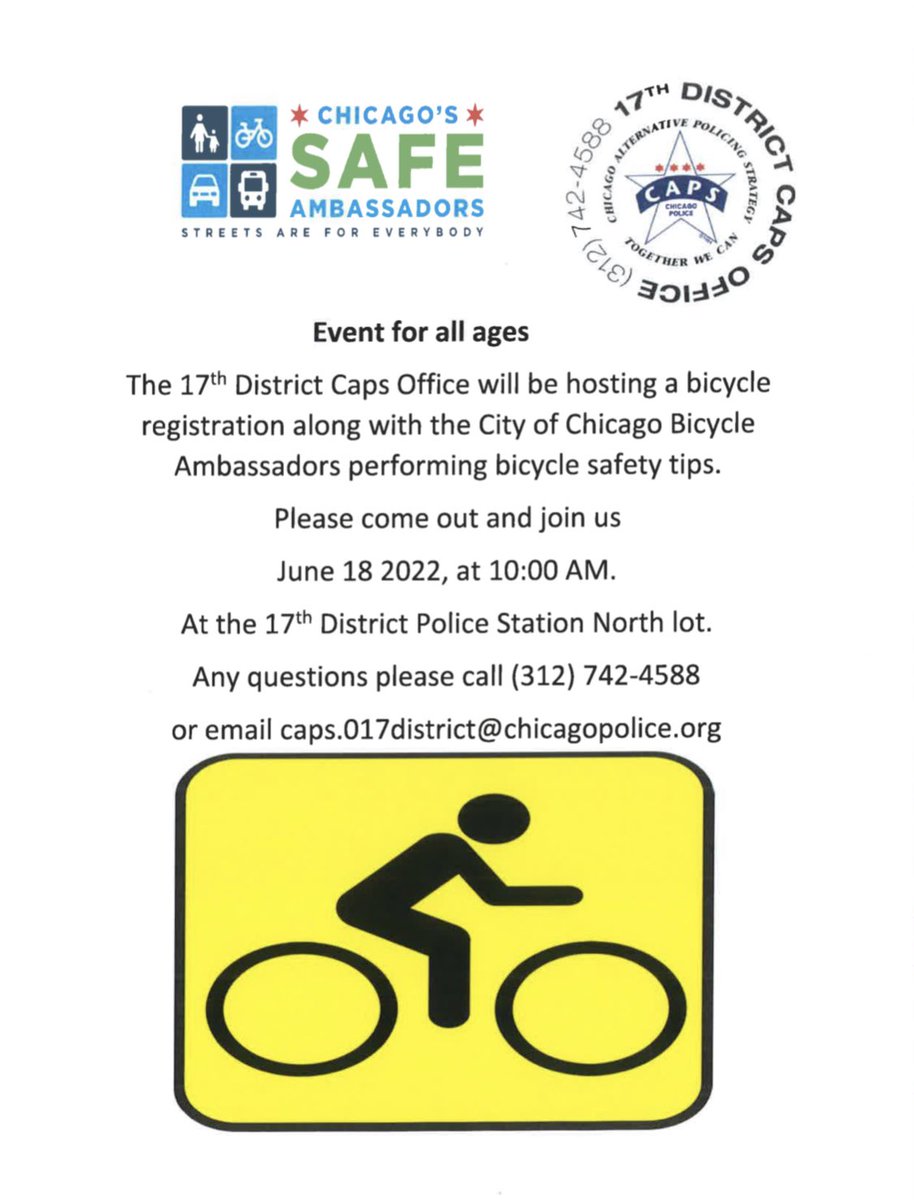 ESCC60646's tweet photo. Hey Cyclists! Don’t miss this opportunity to keep it safe! 🚴 
@CPD17thDistrict @Chicago_Police https://t.co/syTV5EmNFu