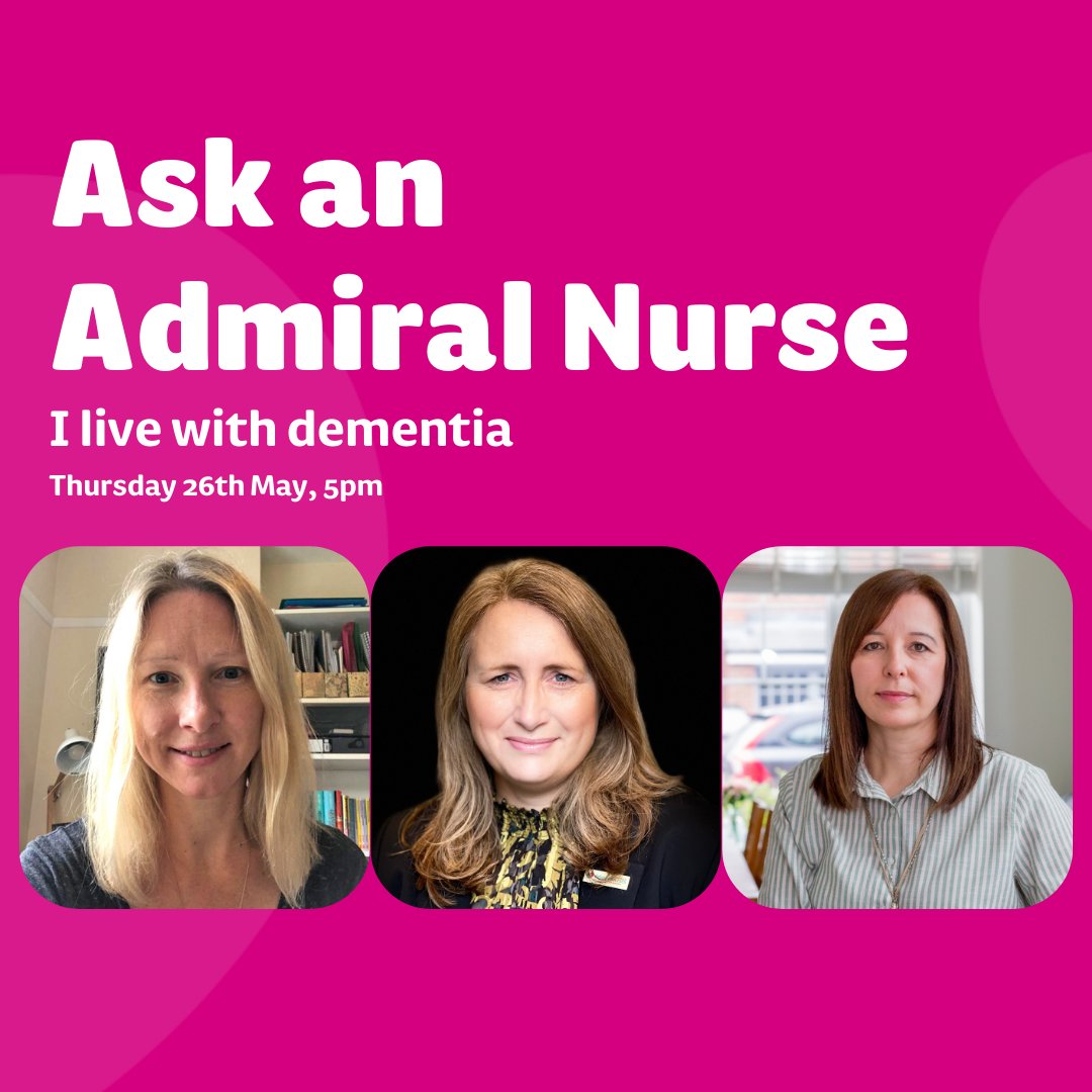 We're pleased to announce our next #TwitterSpace is on Thurs 26 May, 5pm. Consultant Admiral Nurse <a href="/viclyons/">Vic Lyons RMN, MSC ( Health Care Leadership)</a>, Marketing Lead <a href="/clairemsandham/">Claire Sandham</a> &amp; Joanna, who cares for her mum, will discuss our new campaign #ILiveWithDementia. Set a reminder or listen live 👉 x.com/i/spaces/1mrGm…