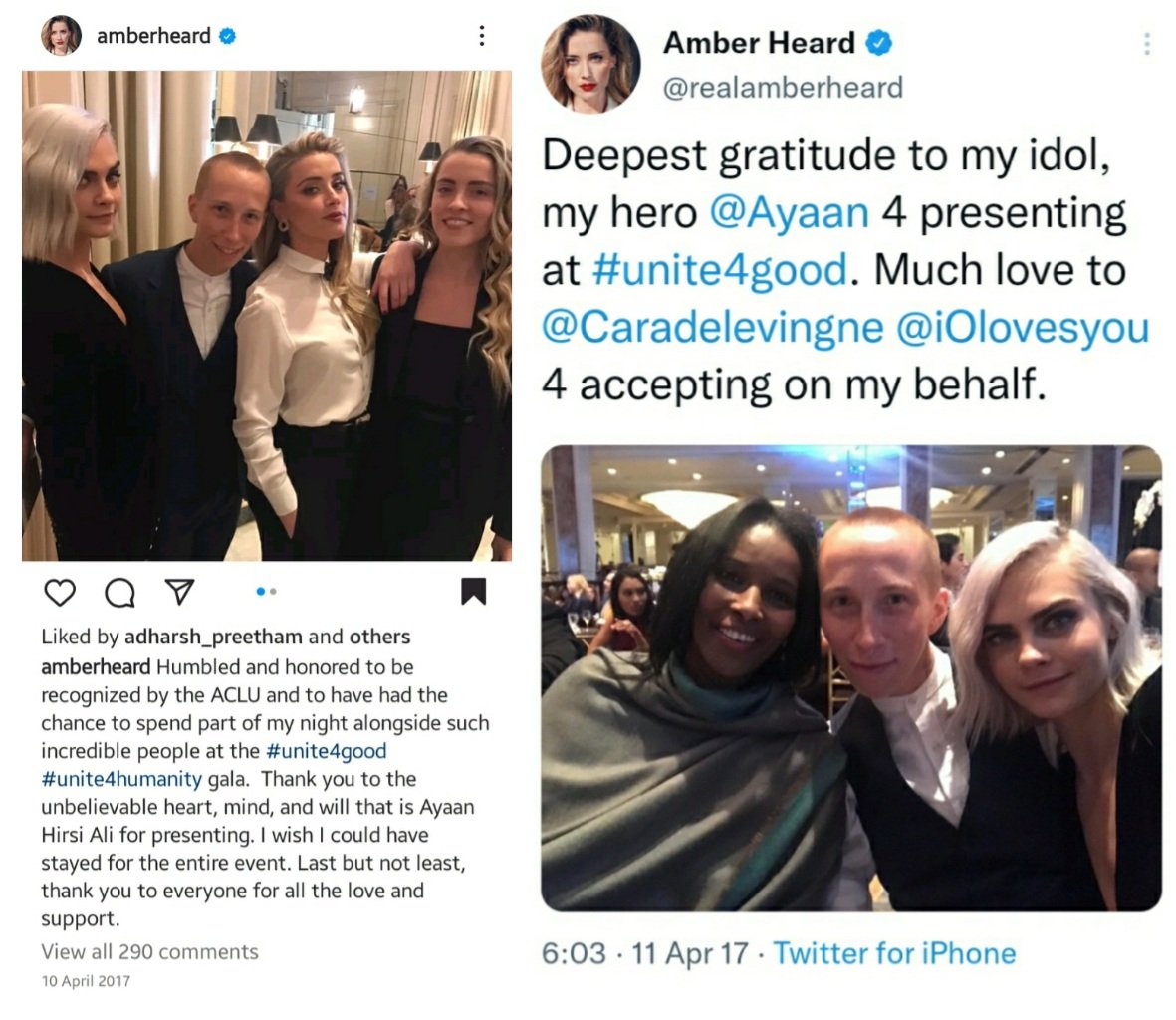 HelloMrsEntity's tweet photo. Long thread! April 7th, 2017 - #AmberHeard was honoured &amp; given an award by the #ACLU for her humanitarian work &amp; for "donating" millions of dollars at the United4:Humanity gala
She went with Whitney, iO Tillet Wright &amp; Cara Delevingne

#AmberHeardIsALiar #JusticeForJohnnyDepp https://t.co/sYgwvqmLmM