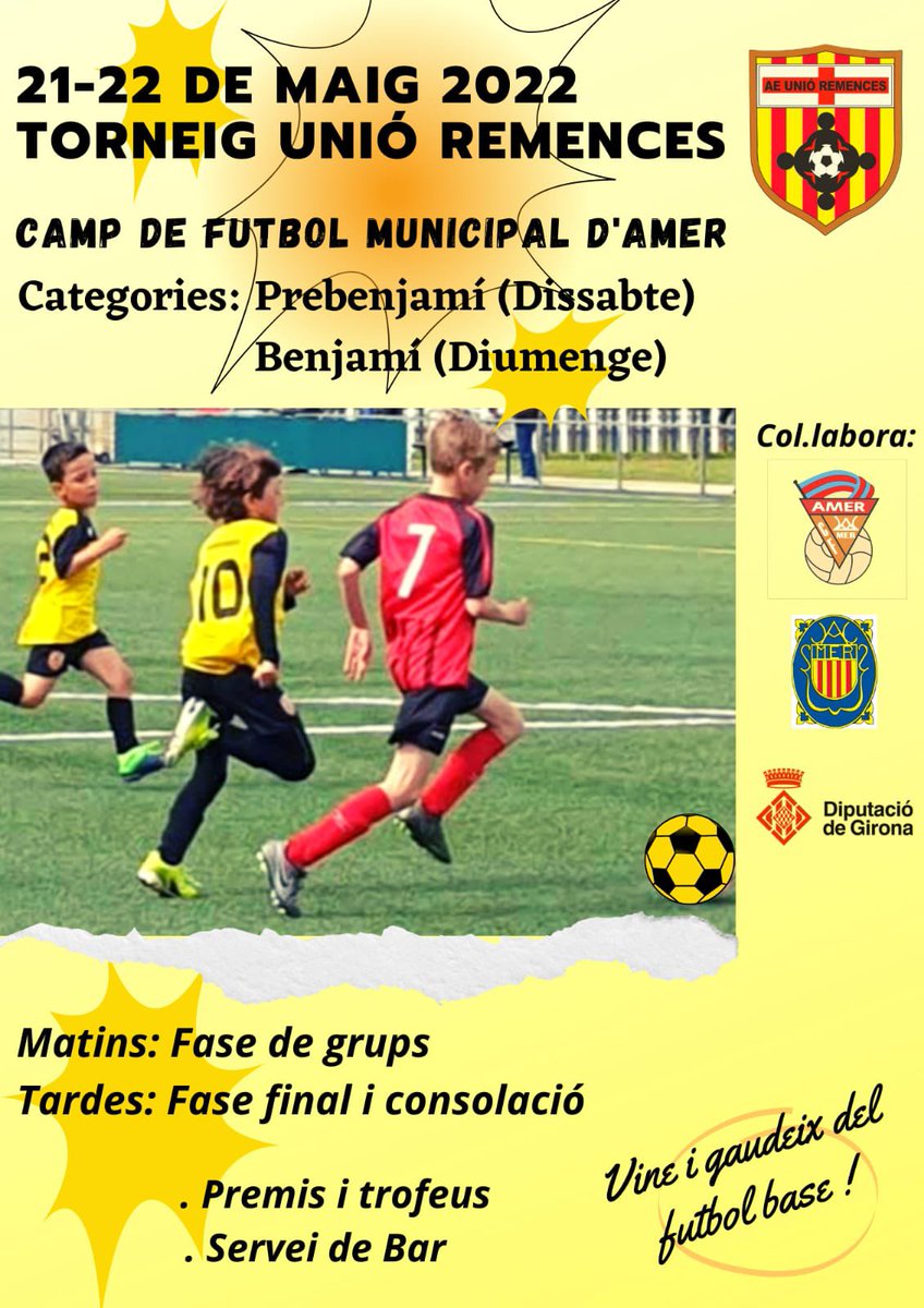 ‼️ Cap de setmana de torneig! Dissabte i diumenge, des del club organitzem un torneig de benjamins i prebenjamins! 

Matí: Fase de Grups
Tarda: Fase final

Us esperem per gaudir de dues grans jornades de futbol base! 😃⚽️🟡⚫️ #SomRemences