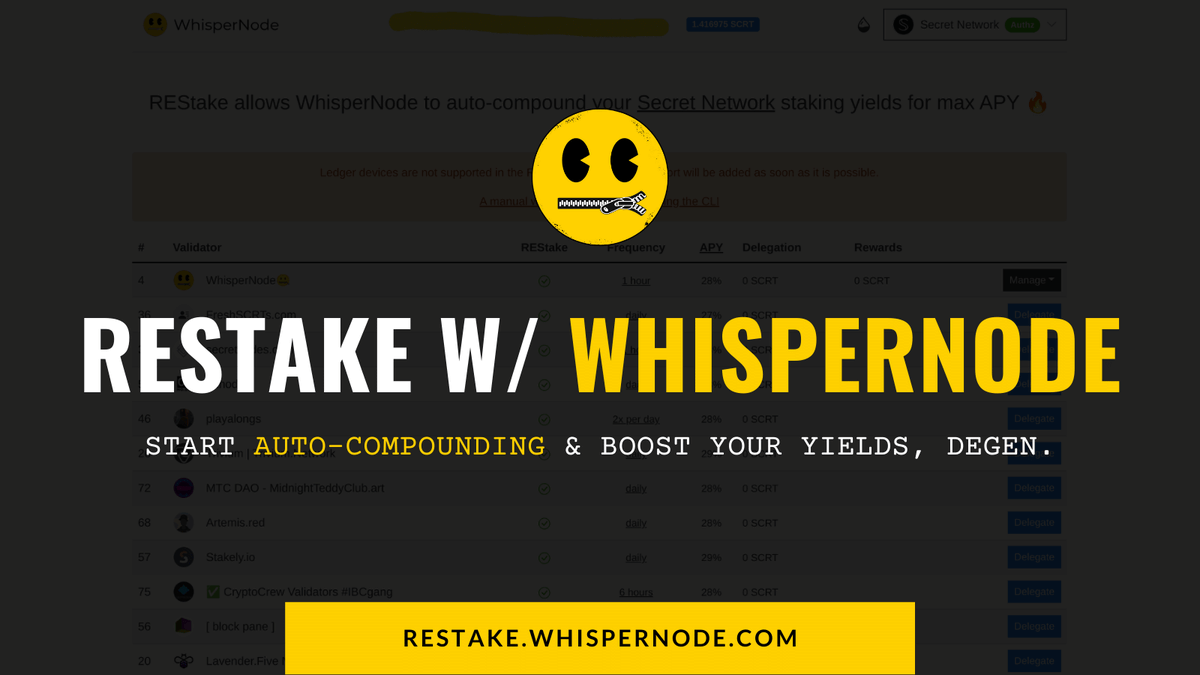 JSONbored's tweet photo. Are you auto-compounding your $OSMO, $SCRT, $JUNO & other #cosmos ecosystem coins?
If not, stop what you're doing & set it up - like, NAO 😱
You're leaving $ on the table - there's 0⃣ FEE (@WhisperNode pays your REStake TX fees)
https://t.co/gsz5LBpR5K
#DeFiDegen #WhisperNode https://t.co/fp7WTt0TiQ