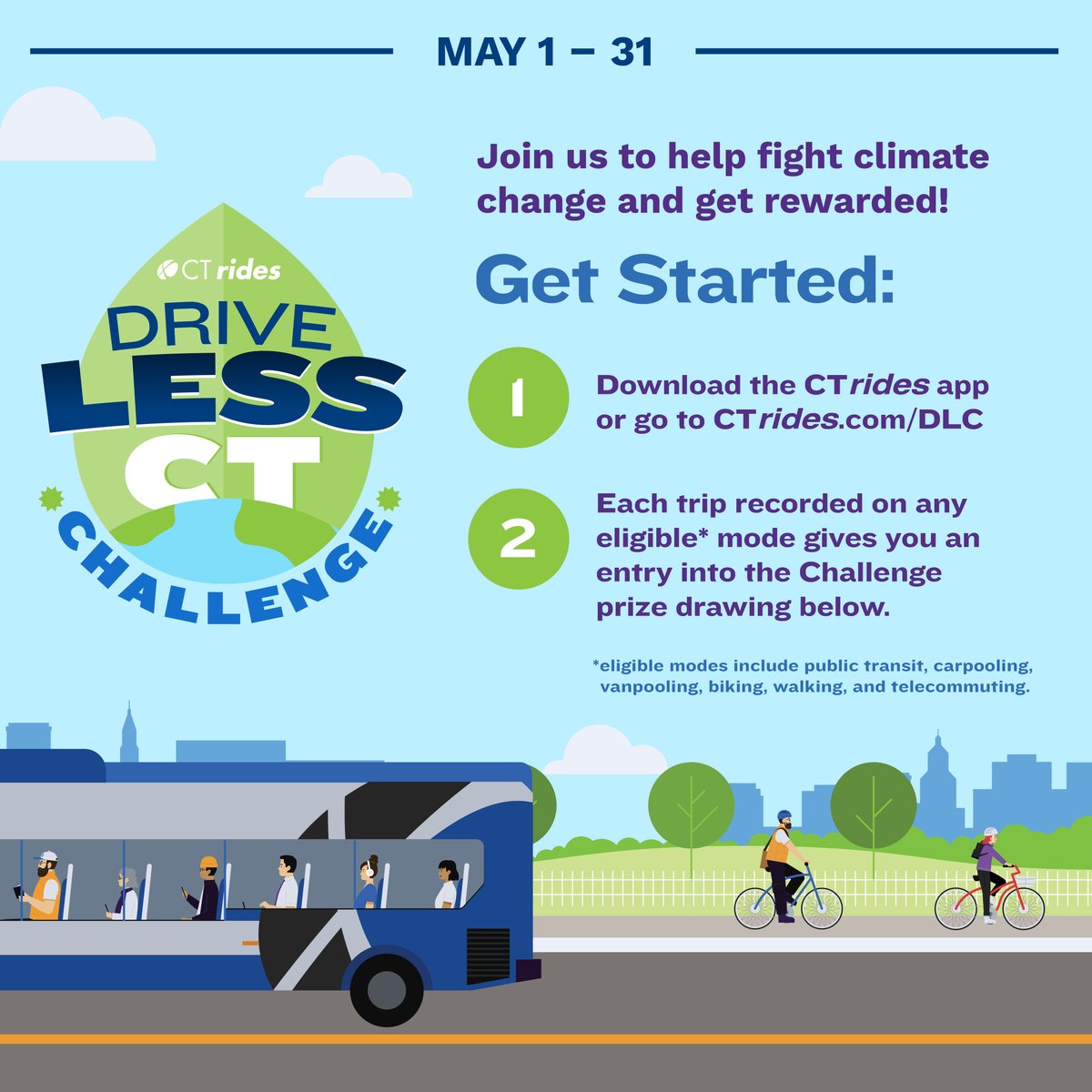 CTrides's tweet photo. Make CT greener, save the Earth, and win prizes! 🚂🚲🚌
Get started at https://t.co/jSm0mhF2QP or download the CTrides app.
#DriveLessCT #CTrides #Connecticut #StateImIn #GreenTravel https://t.co/uU7RJ43VIm