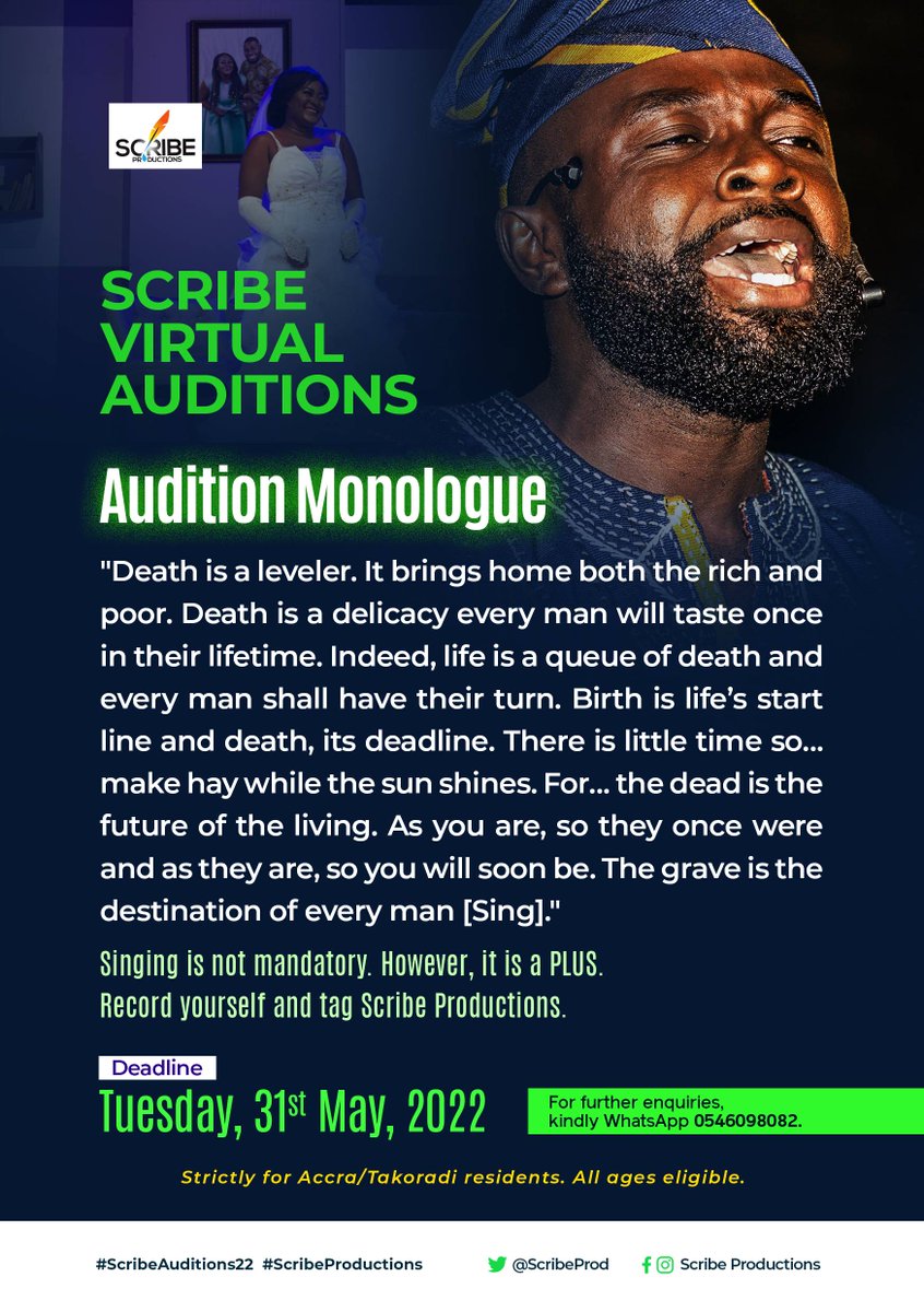 koby_ansah's tweet photo. Audition still ongoing. Are you resident in Accra or Takoradi and interested in acting on stage? This is your time! #ScribeAuditions22 #ScribeProductions https://t.co/P9ydb2vyEq