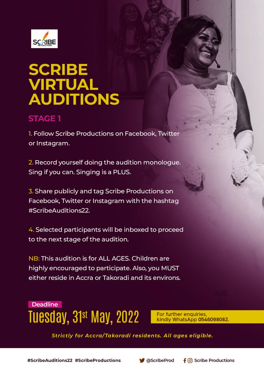 koby_ansah's tweet photo. Audition still ongoing. Are you resident in Accra or Takoradi and interested in acting on stage? This is your time! #ScribeAuditions22 #ScribeProductions https://t.co/Mw0PAfuUFp
