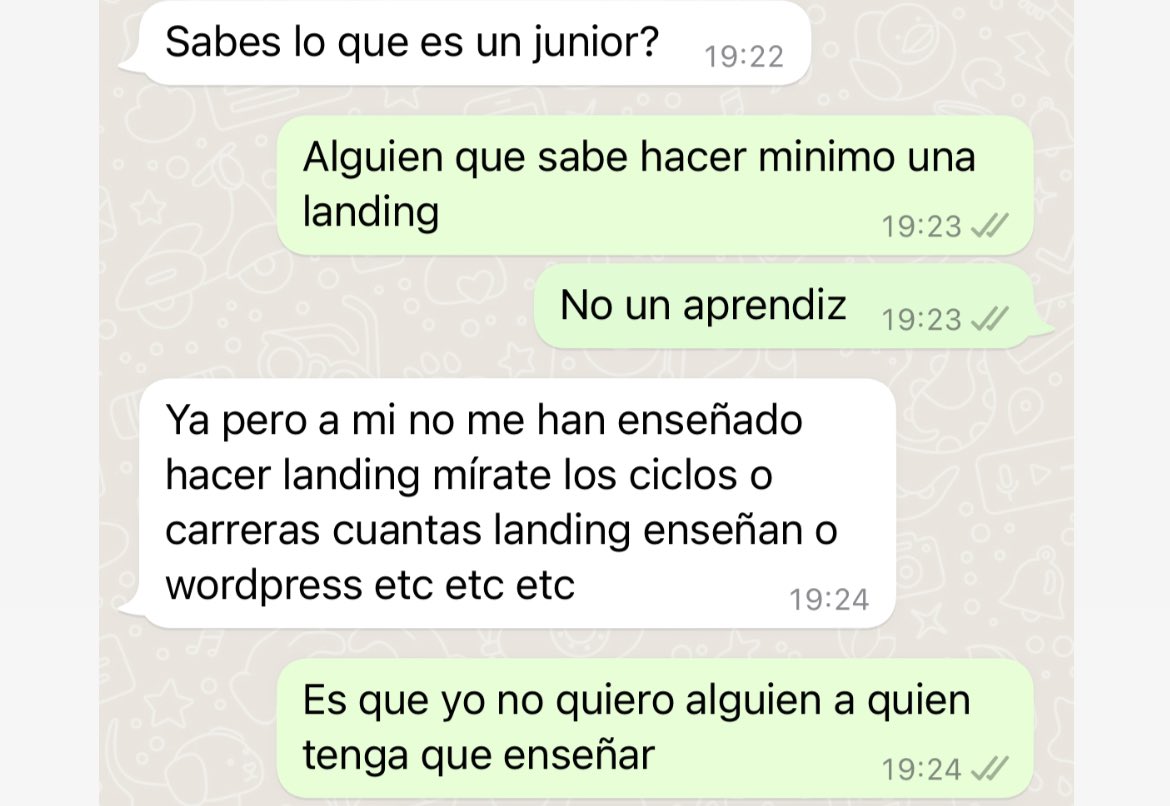 kike_moris's tweet photo. Que la carrera te prepara para trabajar, es una de las mayores estafas de la historia.

He despedido hoy a un programador que no sabía ni lo que era una landing page y su respuesta ha sido esta ⬇️ https://t.co/5ekSN3A5DU