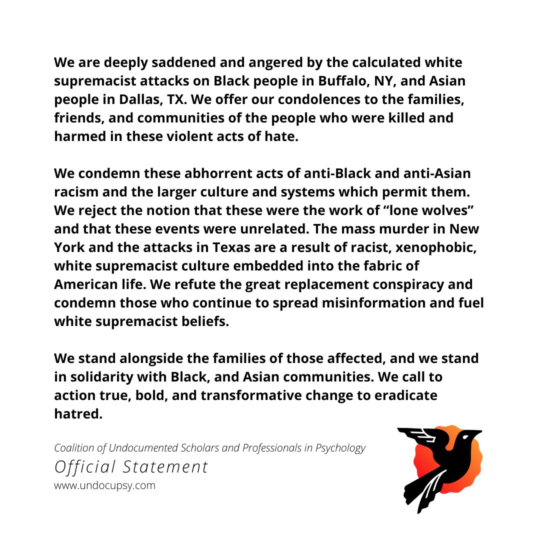 UndocuPsy's tweet photo. CUSPP Offical Statement on Buffalo, NY and Dallas, TX.

See thread for fundraisers to help victims and families affected by these events. Thread will be updated as fundraisers and supports develop. https://t.co/kD8UjAIDmV