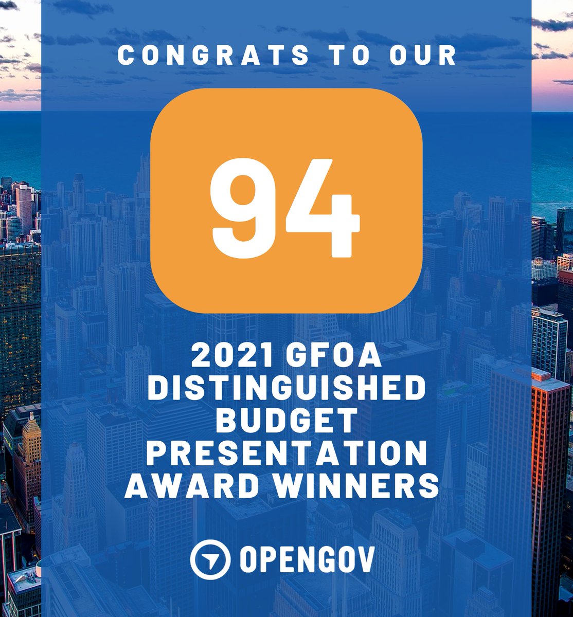 OpenGovInc's tweet photo. Congratulations to our 94 customers who won a 2021 Distinguished Budget Presentation Award from #GFOA, with 32 of them winning with an online budget book. This is exactly the type of impact we love seeing our customers make. #govlove #governmentbudgeting #localgov #govfinance https://t.co/VXrDw7hrHd