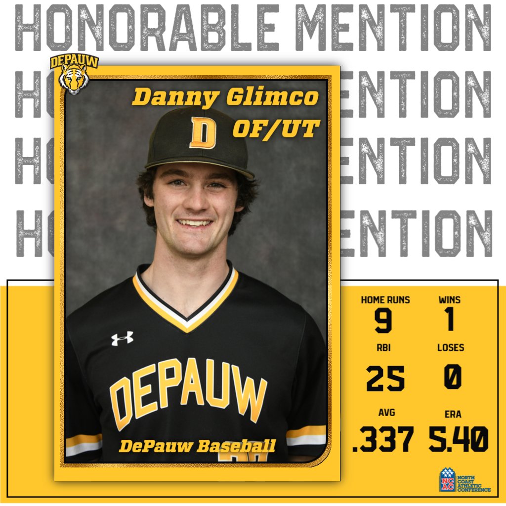 DePauwAthletics's tweet photo. Congratulations to all of the @DePauwBaseball All-@NCAC selections!
The Tigers finished third at the NCAC tourney and completed the season with an overall record of 22-17.
#TeamDePauw #d3baseball 
🧵2/2 https://t.co/U6r7tug74F