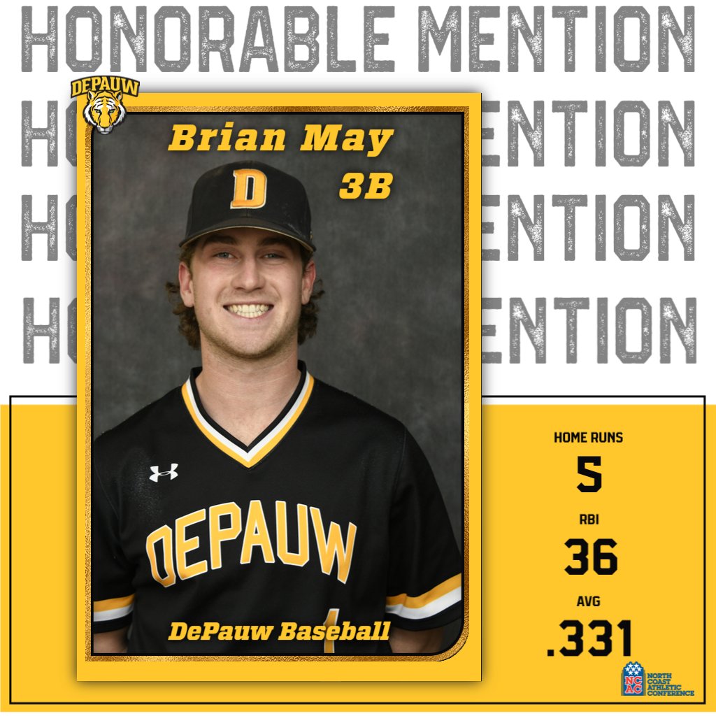 DePauwAthletics's tweet photo. Congratulations to all of the @DePauwBaseball All-@NCAC selections!
The Tigers finished third at the NCAC tourney and completed the season with an overall record of 22-17.
#TeamDePauw #d3baseball 
🧵2/2 https://t.co/U6r7tug74F