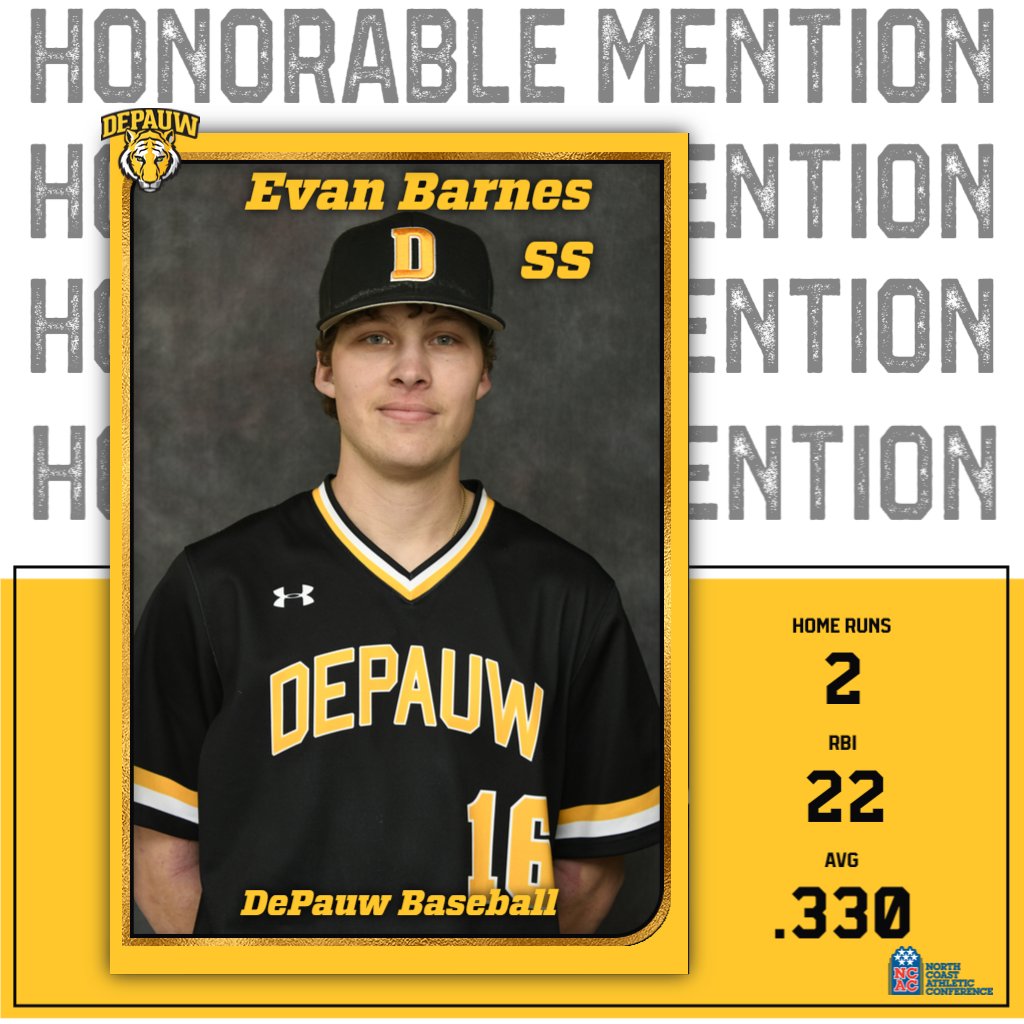 DePauwAthletics's tweet photo. Congratulations to all of the @DePauwBaseball All-@NCAC selections!
The Tigers finished third at the NCAC tourney and completed the season with an overall record of 22-17.
#TeamDePauw #d3baseball 
🧵2/2 https://t.co/U6r7tug74F