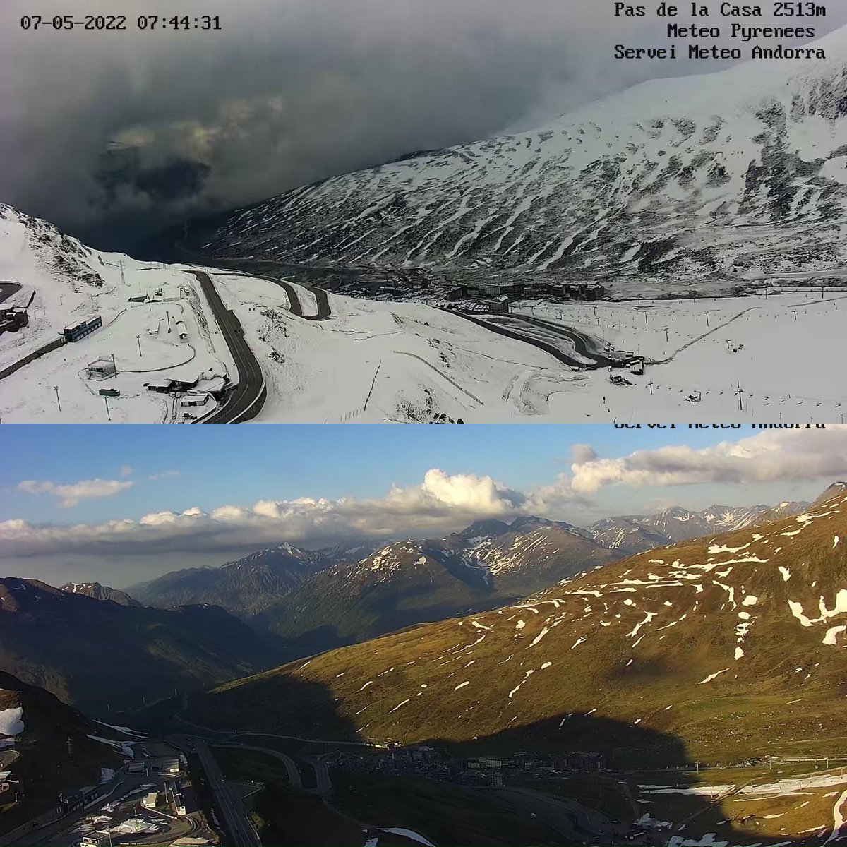Meteo_Pyrenees's tweet photo. 10 jours séparent ces 2 images de l’hiver à l’été et près de 15 degrés d’écart 13,5 degrés de maximales aujourd’hui à 2513m #pasdelacasa #andorra https://t.co/RjOQHNT8SF