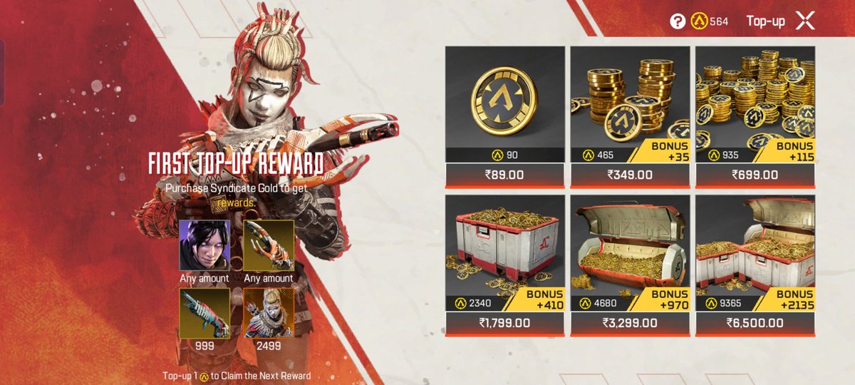 Prices of syndicate Gold in apex mobile dropped down for India . Now it looks reasonable . 

Here is before after image of prices. 

#apexmobile
#apexlegendsmobileindia 
#apexlegendsmobile