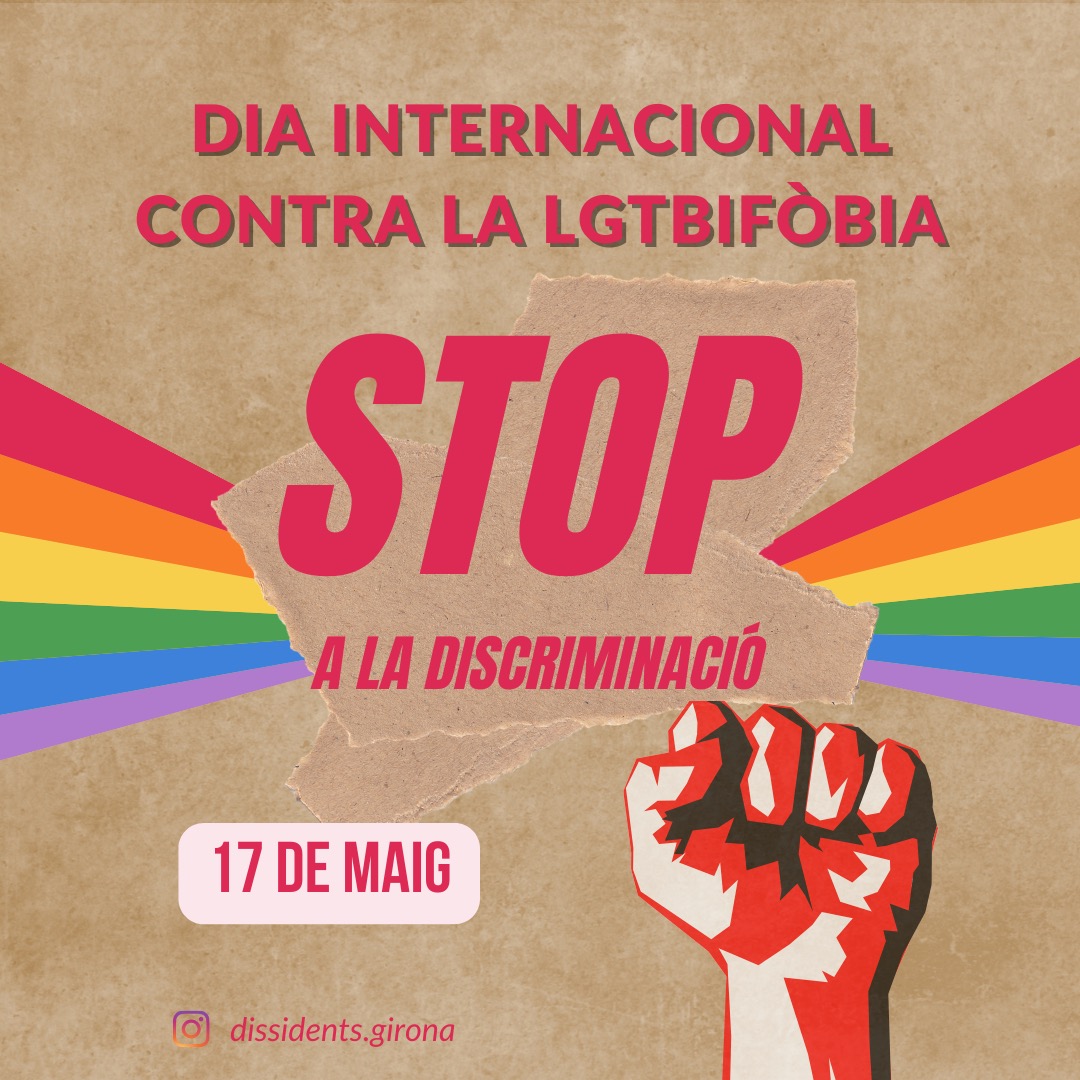 DissidentsG's tweet photo. Dia internacional contra la LGTBIQ+fòbia 📢‼️⚠️ #17McontraLGBTIfobia #17May 

Per la violència diària que patim al col.lectiu avui i sempre cap agressió sense resposta👊🏽

Volem viure lliures i visibles! 🏳️‍🌈✊ #stop #LGTBIfobia https://t.co/Ua5oalp5ex