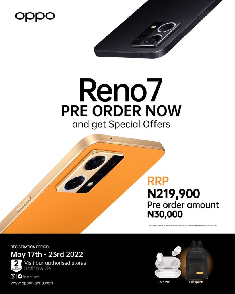 Pre-order is live and runs from 17th - 23rd May 2022. 

Visit our website via this link - opponigeria.com to get started. #OPPOReno7Launch #UnlimitedMeInPortrait