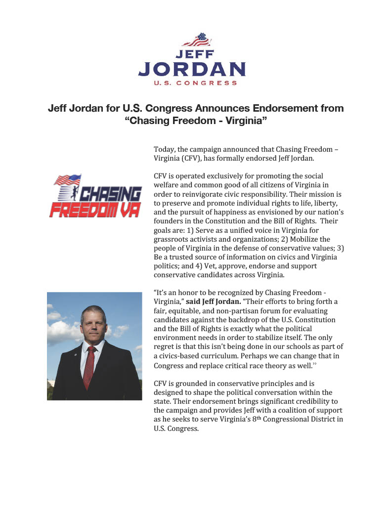 JeffJordan2022's tweet photo. I'm honored to recieve the ENDORSEMENT from Chasing Freedom Virginia as the MOST CONSERVATIVE and MOST ELECTABLE candidate in Virginia's 8th Congressional District. https://t.co/nHhr3xopqt