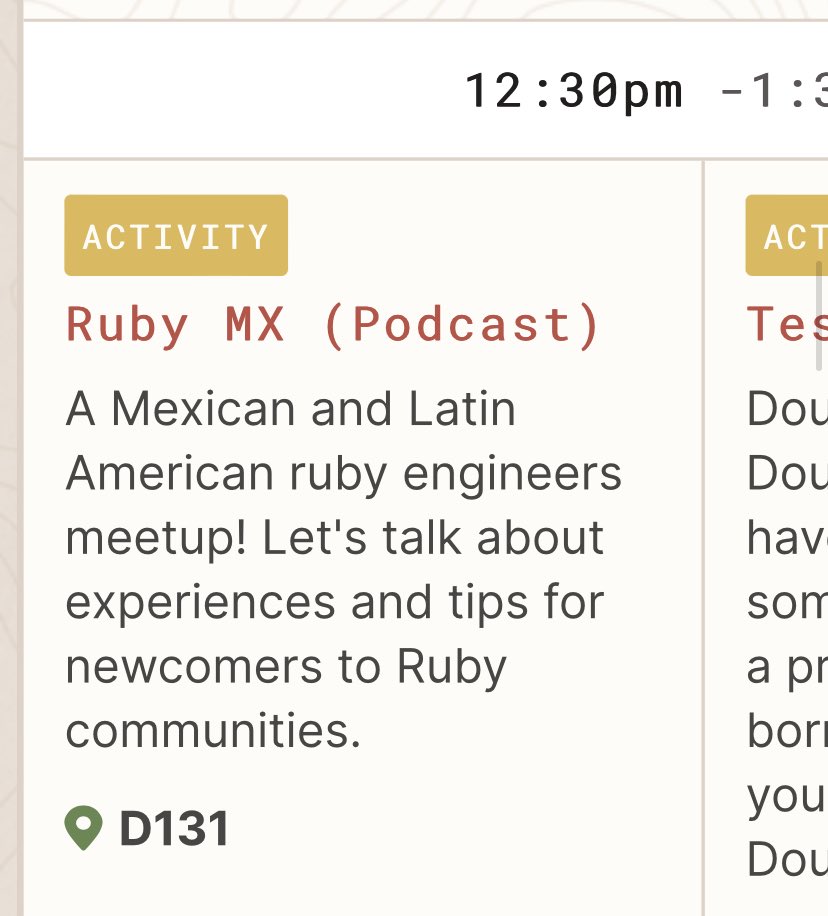 Mañana vamos estar con <a href="/comunidadrubymx/">comunidadrubymx</a> en <a href="/railsconf/">RailsConf</a> platicando de comunidad y experiencias haciendo Ruby. Todos invitados.
