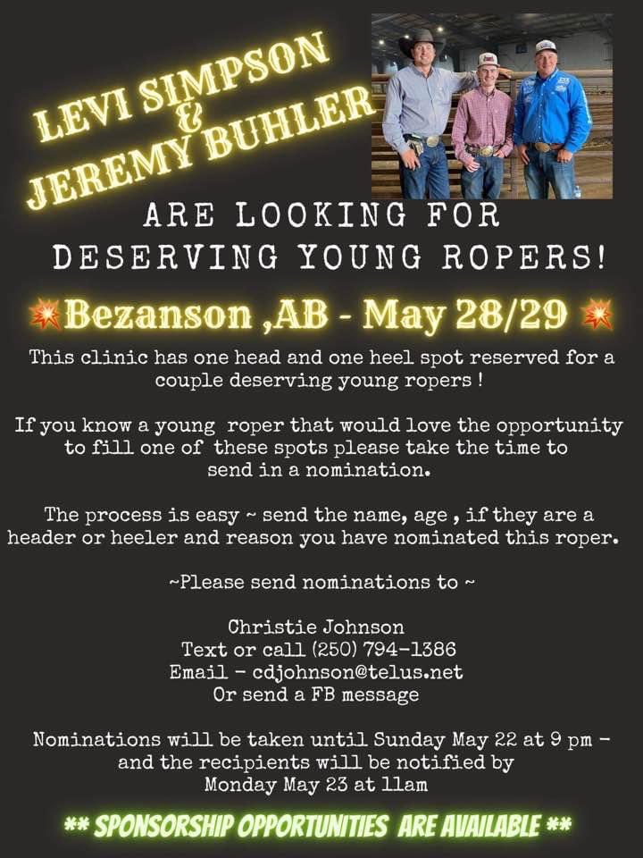 A wonderful opportunity for a couple young ropers!! 

Levi &amp; Jeremy are offering one header and one Heeler spot in their clinic for no charge!! 

Nominate a young, deserving roper. See info below 👇🏼