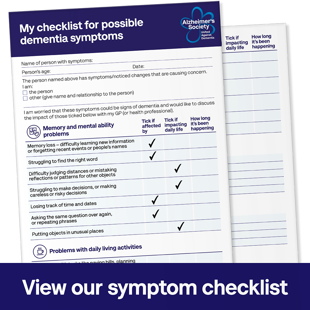 alzheimerssoc's tweet photo. It can be hard talking about your concerns with a health professional - but it can mean you get the right support.

Our symptom checklist provides support for people worried about taking that first step towards getting a dementia diagnosis. https://t.co/Z5uvRiuxnt #DAW2022 https://t.co/sPMTPOARxv