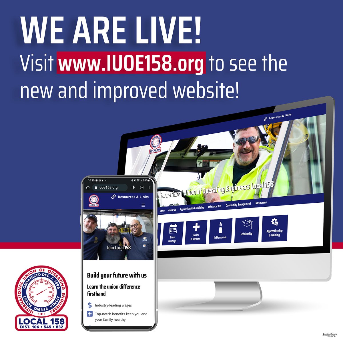 Have you visited the new IUOE Local 158 website? Find information regarding your benefits, pay your dues, view district-specific information, register for classes and much more.
Leave a comment letting us know what you find helpful.

Visit iuoe158.org today! 💻