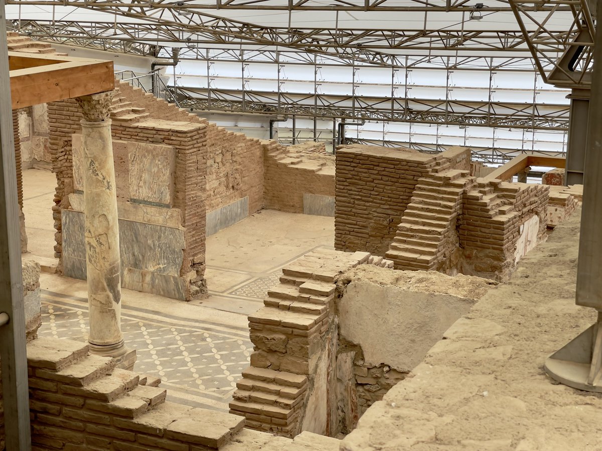 HistTreasure's tweet photo. View from the top of the terrace houses of Ephesus. So much going on. Frescoes, mosaics, marble veneer and  those beautiful pillars. #History #mosaics #Turkey #Archaeology https://t.co/b1ltgMpt0f