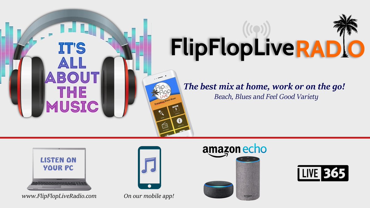 FFLBEACH's tweet photo. Bringing you the best mix of Beach, Blues &amp; Feel Good Variety, that's Flip Flop Live Radio! Streaming 24/7 at: https://t.co/DtMeCHzBNd, mobile app, on your Amazon Echo devices and on the Live365 app. https://t.co/J0jwsXktM1
