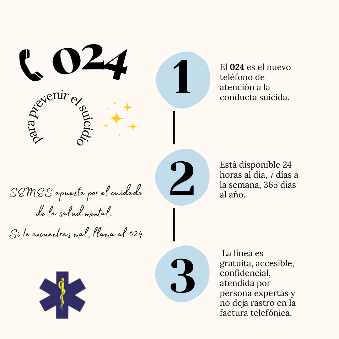 Nace el teléfono 024 de atención a conductas suicidas. Ofrece atención gratuita las 24 horas del día. Desde SEMES apostamos por el cuidado de la #SaludMental. Si te encuentras mal, llama al 024 #SaludMentalSEMES