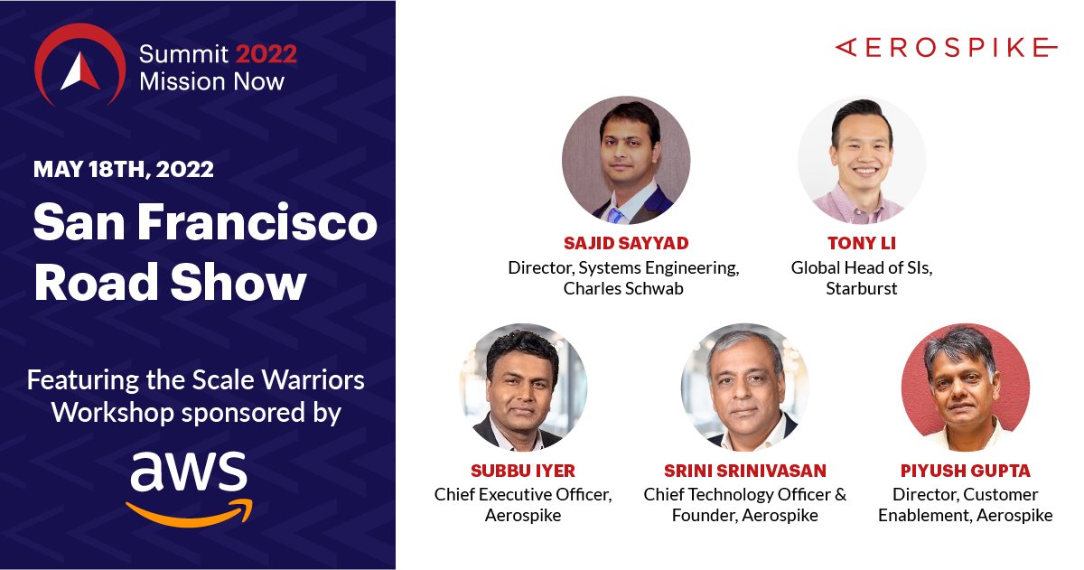 test Twitter Media - Tomorrow in San Francisco is the Aerospike Summit 2022 Roadshow. Learn about building on Aerospike Database 6 and hear a case study from @CharlesSchwab, @starburstdata and a Scale Warriors Workshop sponsored by @AWS_Partners. Register today! https://t.co/0xJOG0bnBp #MissionNow https://t.co/GZufFuu7ma