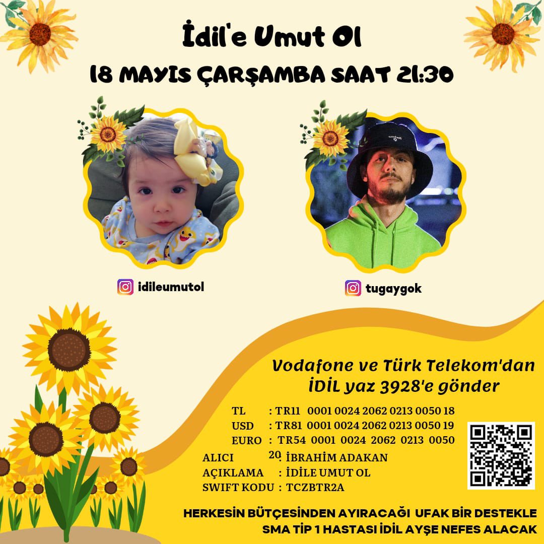 Sevgili Tugay Gök İdilimize umut olmak için İnstagram canlı yayınımıza geliyor..
Sizleri de Ayçiçeğimizin umut yayınına bekliyoruz..
Lütfen idilin elinden tutup gücüne güç katalım.
🌻☀️💜🧿
#idileumutol #idilayseadakan #smatip1