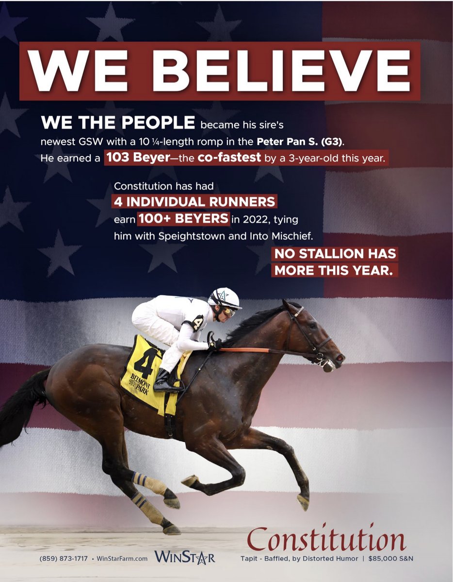 theTDN's tweet photo. 🇺🇸We The People by @WinStarFarm’s Constitution crushed the Peter Pan S. winning by 10+ lengths, earning a 103 Beyer. 

Constitution has had 4️⃣ individual runners with 100+ Beyers in 2022, tying him with Speightstown and Into Mischief. https://t.co/W1ZmvVASxW