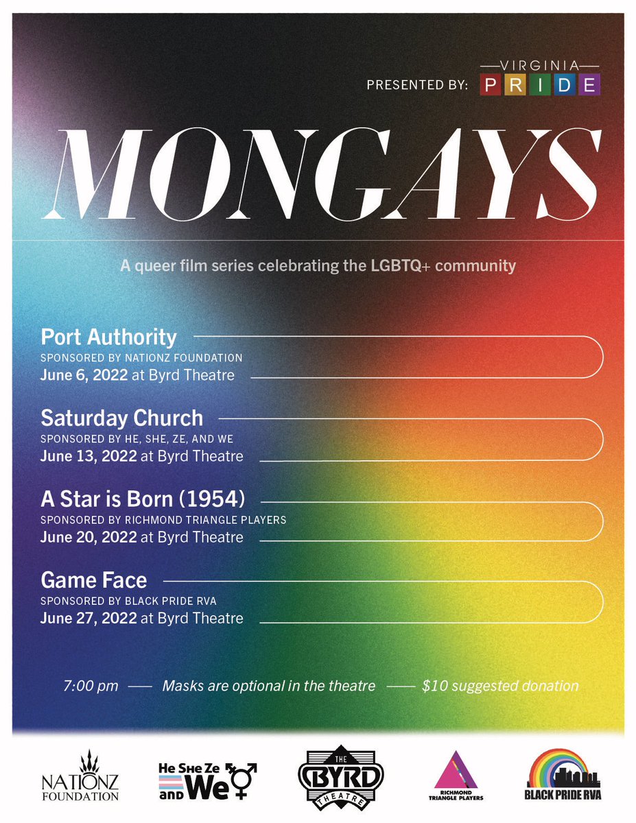 VA_Pride's tweet photo. Richmond’s favorite LGBTQ+ film fest is back at @thebyrdrva this June! Each Monday for Pride Month come out and enjoy a #MonGays movie night highlighting the hope, struggles & joy of the queer experience. 🏳️🌈🎞🏳️⚧️ https://t.co/2oATmSxL8j