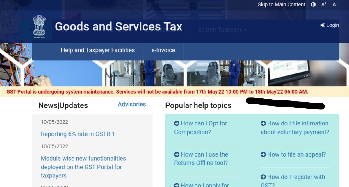 taxvala's tweet photo. GST Portal is undergoing for system maintenance 
The services will not be available from 17th May'22 10:00 PM to 18th May'22 06:00 AM. https://t.co/Rsuym1L8Ov