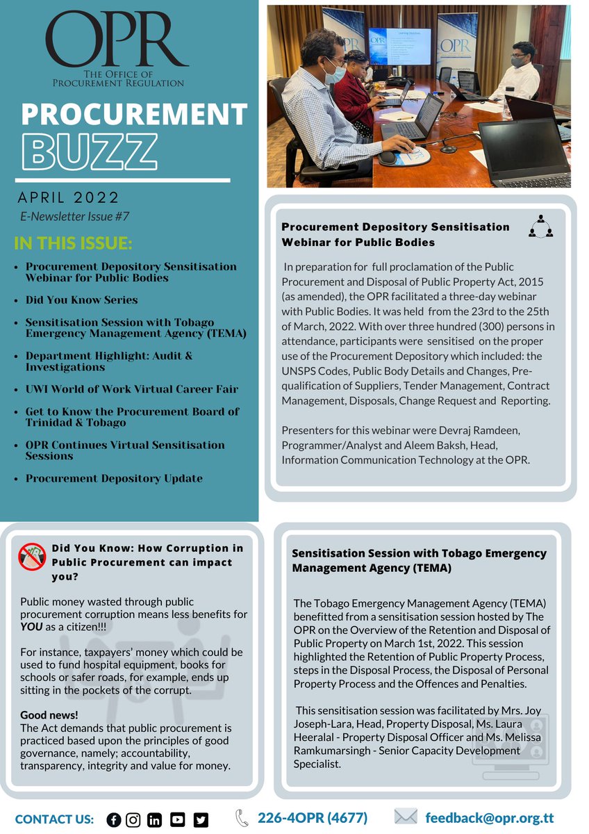 TheOPRTT's tweet photo. The Office of Procurement Regulation is pleased to publish Issue #7 of the "Procurement Buzz" 

Visit our website - https://t.co/Z7k6Rz2VSY to view any of our previous issues.

#trinidadandtobago I #oprtt I #procurementintrinidad I #procurement I #disposal https://t.co/v32bw1UCdZ