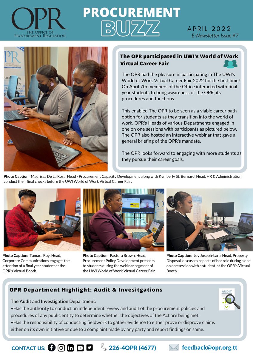 TheOPRTT's tweet photo. The Office of Procurement Regulation is pleased to publish Issue #7 of the "Procurement Buzz" 

Visit our website - https://t.co/Z7k6Rz2VSY to view any of our previous issues.

#trinidadandtobago I #oprtt I #procurementintrinidad I #procurement I #disposal https://t.co/v32bw1UCdZ