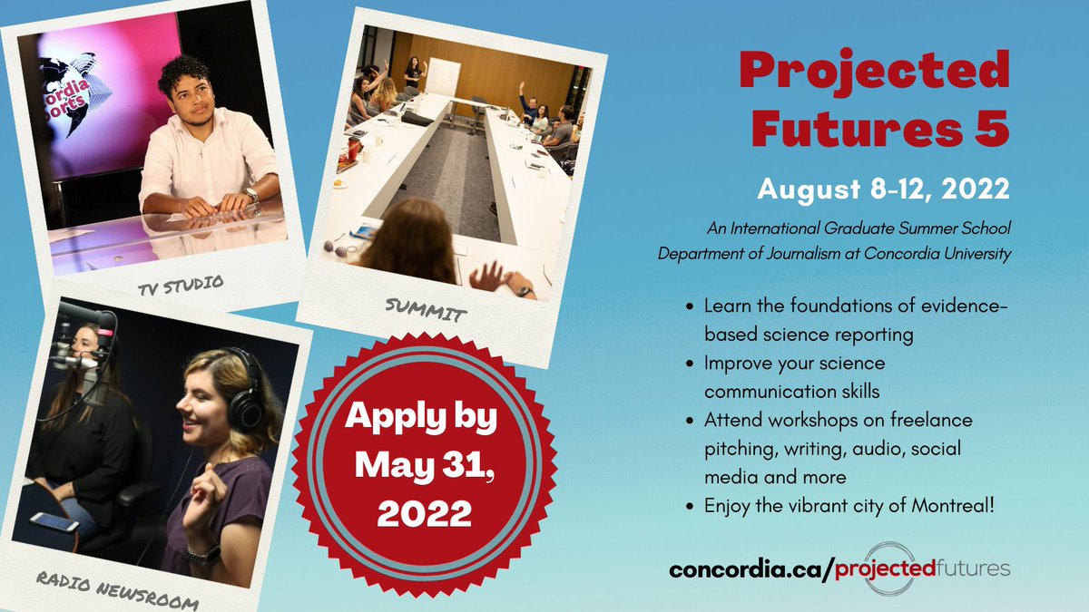 Our science journalism summer school returns in-person in Montreal from August 8-12! Learn the foundations of evidence-based storytelling, #freelancing, podcasting and more. Apply by May 31: concordia.ca/projectedfutur… #scicomm