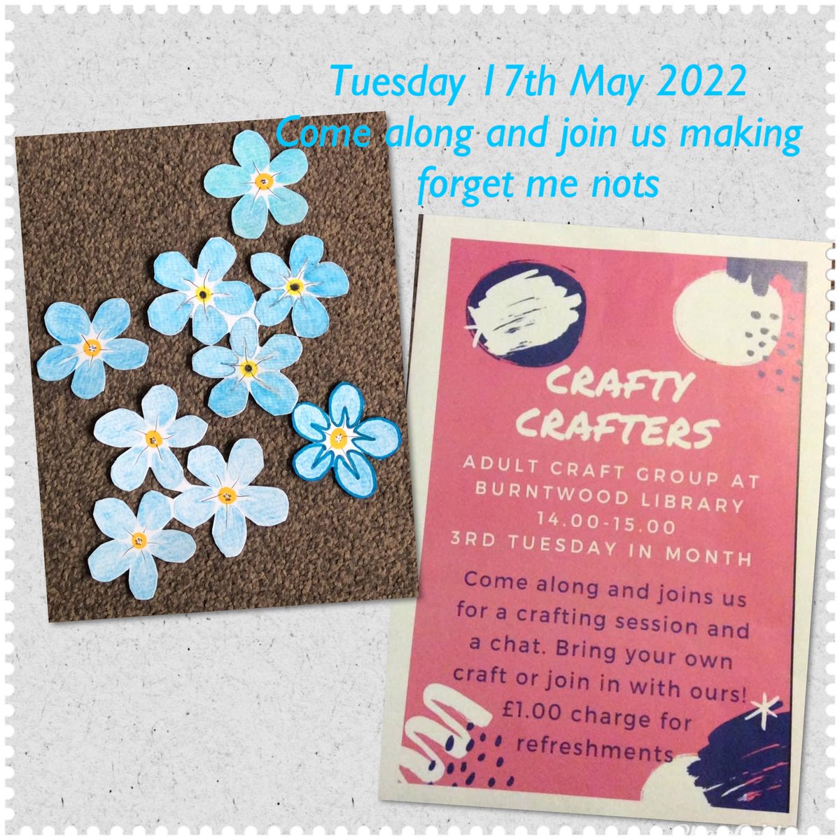 FOBurntwood's tweet photo. Crafty Crafters have been at Burntwood Library this afternoon making forget me nots for an outside display coming to Burntwood soon
#DementiaActionWeek #betterburntwood #staffslibraries https://t.co/MRv7t4EBNU