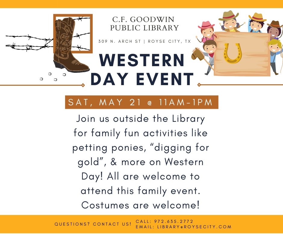 FYI! This Saturday from 11am-1pm! 
We're working hard behind the scenes...
Costumes are welcome; your local librarians will be wearing their cowboy attire. Will you? 🐎