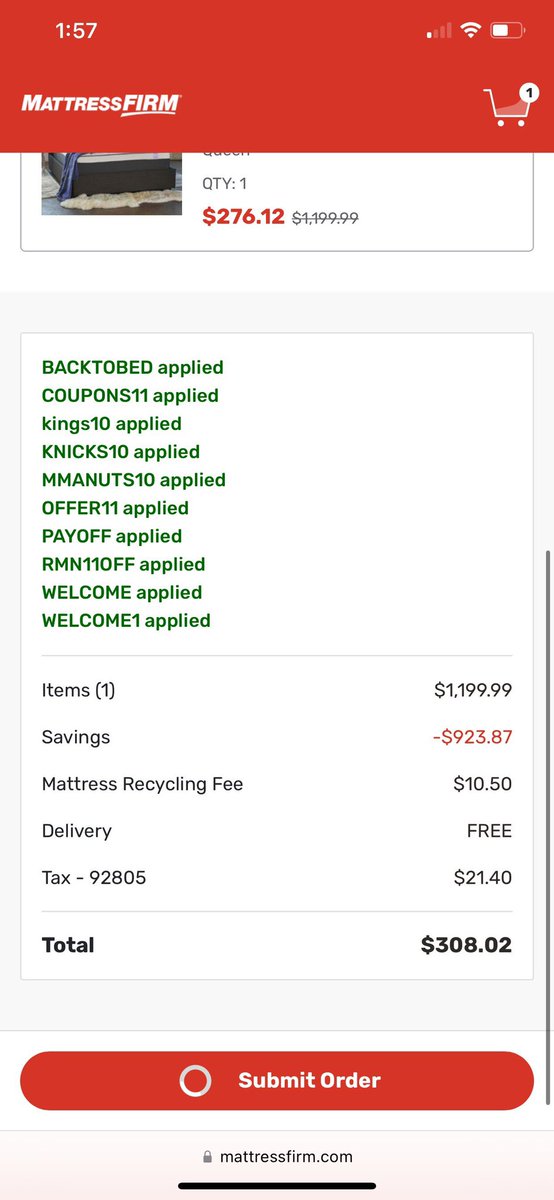 jiggedio's tweet image. Can we talk about Mattress firm. They had this insane website glitch where you could stack as many coupon codes as you wanted. This member got almost $7000 mattress for 87% off. 🤯