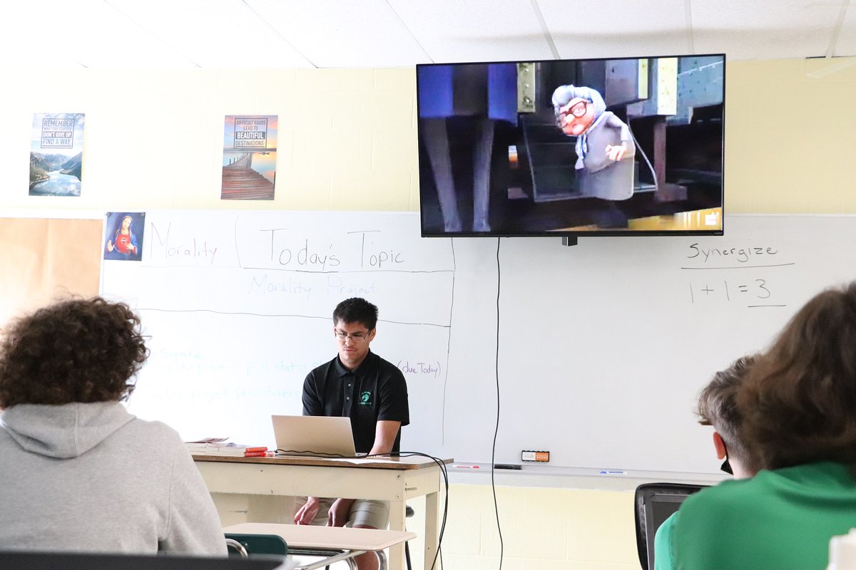 StMarysDragons's tweet photo. A shoutout to Mr. Cook's Religion 3 students! They've been giving presentations on the principles of morality for the last week. They included music, artwork and videos. Nice work, juniors! #morality #religionclass #rightorwrong #ethics @archstl @Marianists https://t.co/GrA3xvyFbV