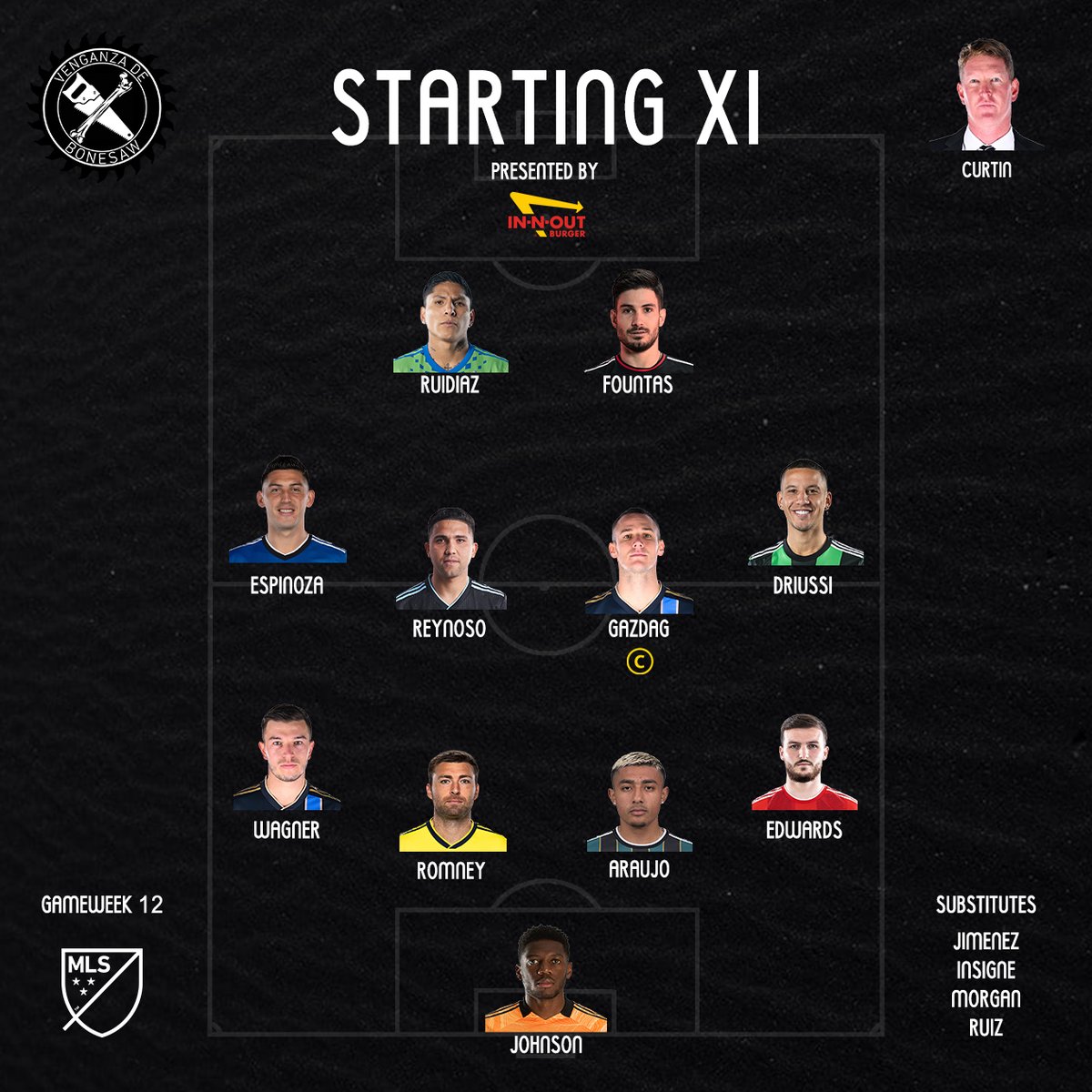 VDBonesaw's tweet photo. The Venganza De Bonesaw Starting XI for Gameweek 12.

This week's lineup is presented by In-N-Out Burger. 

#BarrioDeBonesaw https://t.co/vauPYKn4XC