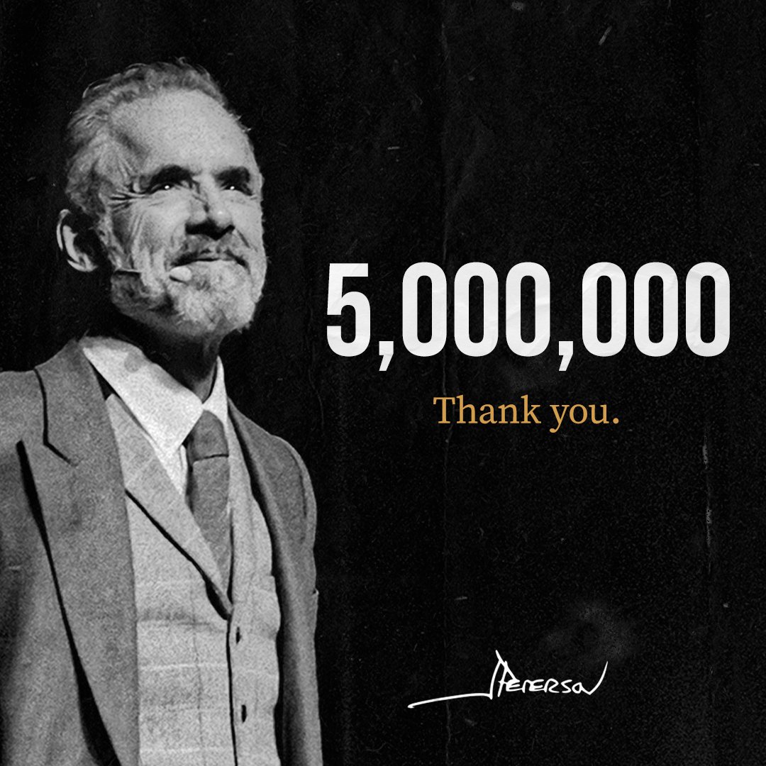 jordanbpeterson's tweet photo. My YouTube channel has now hit 5,000,000 subscribers. Thank you all for your ongoing support. I am nothing but grateful for the opportunities that have opened up to me because of you. I can confirm some very exciting projects and content coming soon. Take care, and keep striving. https://t.co/KYLEtOhynl