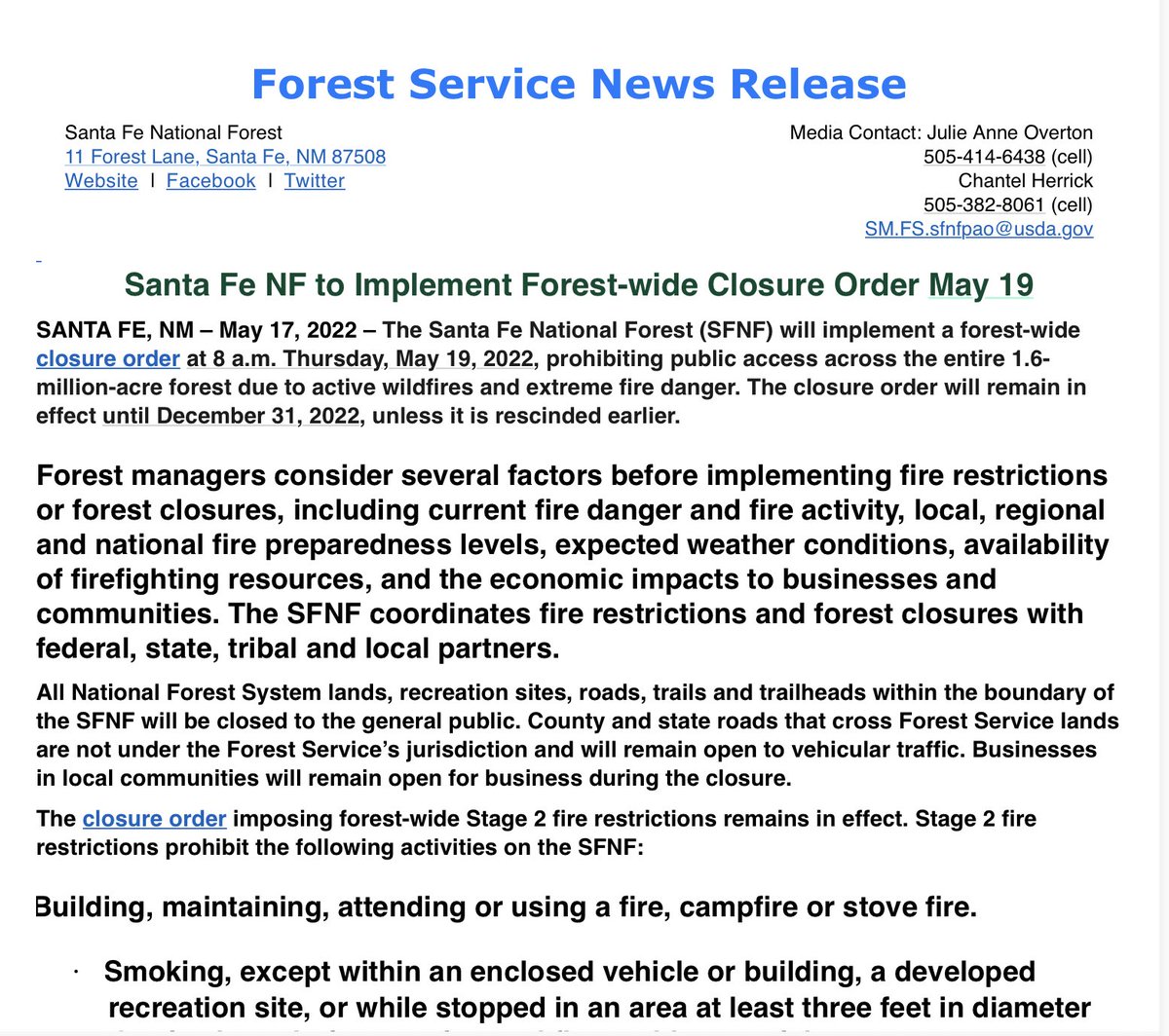 Bewickwren's tweet photo. May 19 2022 Santa Fe National Forest closes. 
#NMFire
🔥🔥🔥 https://t.co/wrB7JIPo95