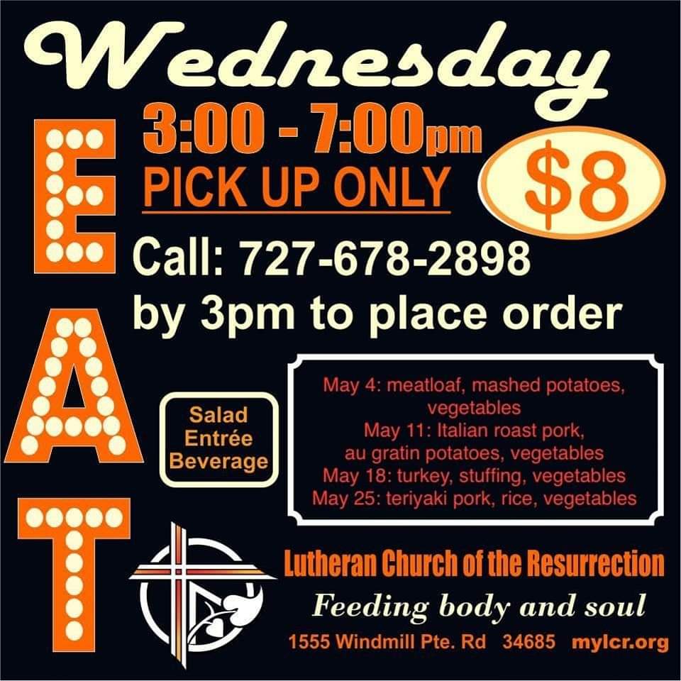 LCRPalmHarbor's tweet photo. Wednesday Night Out will be open for pick-up dinners on Wed, May 18th from 3-7pm 

Please text Chef Joe (727-678-2898) your order by 3pm on Wednesday

Dinner: Turkey and stuffing  and vegetables

1 meal = $8; 4 meals = $25; 6 meals = $35; 8 meals = $45

Chef Joe thanks you https://t.co/VYH0V7Ty1F